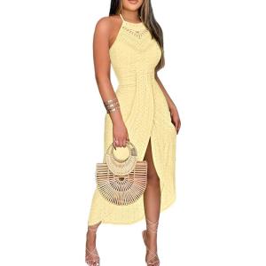 imageCHICME Womens Summer Halter Dress Hollow Out A Line Vacation Dresses with Eyelet Embroidery ampamp Side SlitYellow