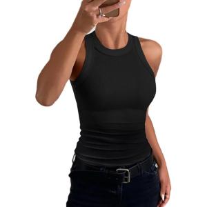 imageCHICME Womens Summer Sleeveless Tank Top Casual Ribbed Racerback Basic Fitted Thick Strap Shirts TopsBlack