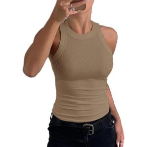 imageCHICME Womens Summer Sleeveless Tank Top Casual Ribbed Racerback Basic Fitted Thick Strap Shirts TopsKhaki
