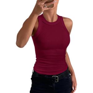 imageCHICME Womens Summer Sleeveless Tank Top Casual Ribbed Racerback Basic Fitted Thick Strap Shirts TopsWine Red