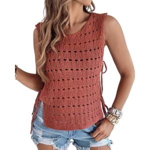 imageCHICME Womens Sweater Vests Knit Sleeveless Side Tie Crochet Top Summer Crewneck Hollow Out Beach Tank Cover UpsAbrown