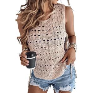 imageCHICME Womens Sweater Vests Knit Sleeveless Side Tie Crochet Top Summer Crewneck Hollow Out Beach Tank Cover UpsKhaki