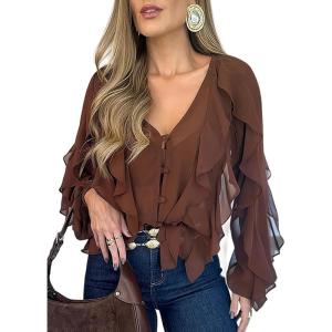 imageCHICME Womens V Neck Ruffle Blouses Button Down SemiSheer Dressy Casual Top Fashion Long Sleeve Fall Chiffon ShirtAdark Brown