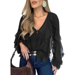 imageCHICME Womens V Neck Ruffle Blouses Button Down SemiSheer Dressy Casual Top Fashion Long Sleeve Fall Chiffon ShirtBlack