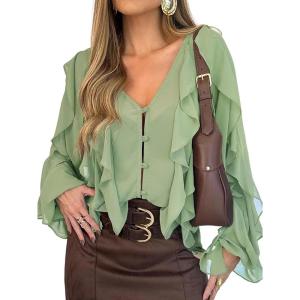 imageCHICME Womens V Neck Ruffle Blouses Button Down SemiSheer Dressy Casual Top Fashion Long Sleeve Fall Chiffon ShirtGreen