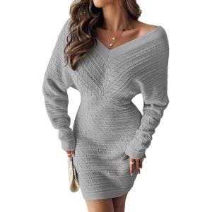 imageCHICME Womens VNeck Long Sleeve Hollow Out Knit Sweater Dress Elegant Chic Bodycon Mini Dress for Fall ampamp WinterGray
