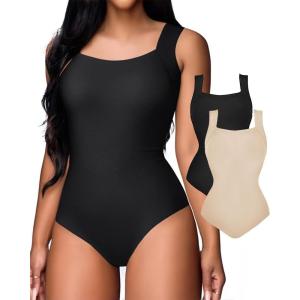 imageChicMe Womens Bodysuit Tops U Neck Shapewear Builtin Bra Sleeveless High Strechy Slim Fit Tank Bodysuits2pack blacknude