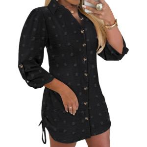 imageWomens Spring Casual Dress 2025 Swiss Dot Long Sleeve Shirt Dress Casual Button Down Dressy DressBlack