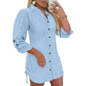 imageWomens Spring Casual Dress 2025 Swiss Dot Long Sleeve Shirt Dress Casual Button Down Dressy DressBlue