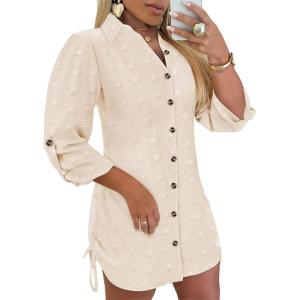 imageWomens Spring Casual Dress 2025 Swiss Dot Long Sleeve Shirt Dress Casual Button Down Dressy DressSwiss Dotapricot