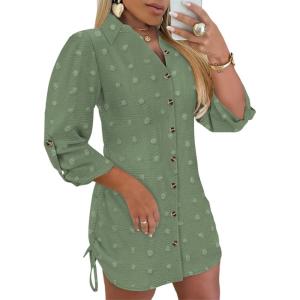 imageWomens Spring Casual Dress 2025 Swiss Dot Long Sleeve Shirt Dress Casual Button Down Dressy DressSwiss Dotarmy Green