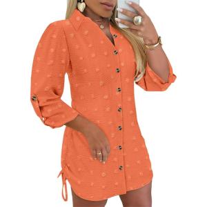imageWomens Spring Casual Dress 2025 Swiss Dot Long Sleeve Shirt Dress Casual Button Down Dressy DressSwiss Dotorange