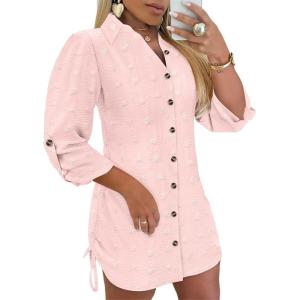 imageWomens Spring Casual Dress 2025 Swiss Dot Long Sleeve Shirt Dress Casual Button Down Dressy DressSwiss Dotpink