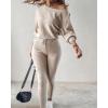 imageCHICME 2 Piece Lounge Outfit 2025 Long Sleeve Knit Pullover Tops Drawstring Pants Set Tracksuit SweatsuitAbeige