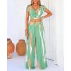 imageCHICME 2 Piece Sets for Women Summer V Neck Shirred Crop Top Wide Leg Pants with Pockets Vacation Beach Travel OutfitsGreen