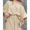 imageCHICME Women Summer 2 Piece Outfits Off Shoulder Lantern Sleeve Top Flowy Wide Leg Pants SetApricot