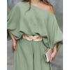 imageCHICME Women Summer 2 Piece Outfits Off Shoulder Lantern Sleeve Top Flowy Wide Leg Pants SetPgreen