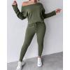 imageCHICME Women Tracksuit 2025 Fall 2 piece Outfits Off The Shoulder Long Sleeve Tops and Pants Set Travel OutfitsArmy Green