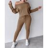 imageCHICME Women Tracksuit 2025 Fall 2 piece Outfits Off The Shoulder Long Sleeve Tops and Pants Set Travel OutfitsKhaki