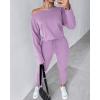 imageCHICME Women Tracksuit 2025 Fall 2 piece Outfits Off The Shoulder Long Sleeve Tops and Pants Set Travel OutfitsPurple