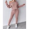 imageCHICME Women Tracksuit 2025 Fall 2 piece Outfits Off The Shoulder Long Sleeve Tops and Pants Set Travel OutfitsZred Bean