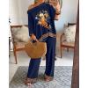 imageCHICME Womens 2 Piece Outfits Off The Shoulder Printed Batwing Long Sleeve Tops and Wide Leg Pants Matching SetsPurplish Blue