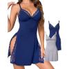 imageCHICME Womens Lace Trim Side Slit Modal Cami Sleep Dress Loungewear Cute Night Gowns for Women2pack Bluegray