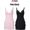 imageCHICME Womens Lace Trim Side Slit Modal Cami Sleep Dress Loungewear Cute Night Gowns for Women2pack Pinkblack