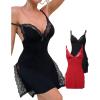 imageCHICME Womens Lace Trim Side Slit Modal Cami Sleep Dress Loungewear Cute Night Gowns for Women2pack Redblack