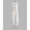 imageCHICME Womens Summer Two Piece Outfits V Neck Metal Button Front Crop Tank Vest Wide Leg linen Pants Matching SetsBeige