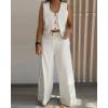 imageCHICME Womens Summer Two Piece Outfits V Neck Metal Button Front Crop Tank Vest Wide Leg linen Pants Matching SetsBeige