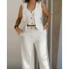 imageCHICME Womens Summer Two Piece Outfits V Neck Metal Button Front Crop Tank Vest Wide Leg linen Pants Matching SetsBeige