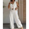 imageCHICME Womens Summer Two Piece Outfits V Neck Metal Button Front Crop Tank Vest Wide Leg linen Pants Matching SetsBeige