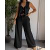 imageCHICME Womens Summer Two Piece Outfits V Neck Metal Button Front Crop Tank Vest Wide Leg linen Pants Matching SetsCblack