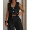 imageCHICME Womens Summer Two Piece Outfits V Neck Metal Button Front Crop Tank Vest Wide Leg linen Pants Matching SetsCblack
