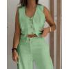 imageCHICME Womens Summer Two Piece Outfits V Neck Metal Button Front Crop Tank Vest Wide Leg linen Pants Matching SetsGreen