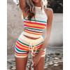 imageChicMe Women 2 Piece Summer Outfits Striped Knit Hollow Out Halter Top and Casual Crochet Shorts SetAwhite