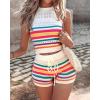 imageChicMe Women 2 Piece Summer Outfits Striped Knit Hollow Out Halter Top and Casual Crochet Shorts SetAwhite