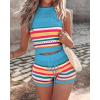 imageChicMe Women 2 Piece Summer Outfits Striped Knit Hollow Out Halter Top and Casual Crochet Shorts SetBlue