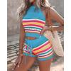 imageChicMe Women 2 Piece Summer Outfits Striped Knit Hollow Out Halter Top and Casual Crochet Shorts SetBlue