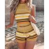 imageChicMe Women 2 Piece Summer Outfits Striped Knit Hollow Out Halter Top and Casual Crochet Shorts SetBrown