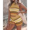 imageChicMe Women 2 Piece Summer Outfits Striped Knit Hollow Out Halter Top and Casual Crochet Shorts SetBrown