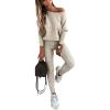 imageCHICME 2 Piece Lounge Outfit 2025 Long Sleeve Knit Pullover Tops Drawstring Pants Set Tracksuit SweatsuitAbeige