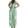 imageCHICME 2 Piece Sets for Women Summer V Neck Shirred Crop Top Wide Leg Pants with Pockets Vacation Beach Travel OutfitsGreen