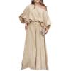 imageCHICME Women Summer 2 Piece Outfits Off Shoulder Lantern Sleeve Top Flowy Wide Leg Pants SetApricot