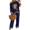 imageCHICME Womens 2 Piece Outfits Off The Shoulder Printed Batwing Long Sleeve Tops and Wide Leg Pants Matching SetsPurplish Blue