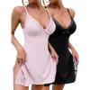 imageCHICME Womens Lace Trim Side Slit Modal Cami Sleep Dress Loungewear Cute Night Gowns for Women2pack Pinkblack