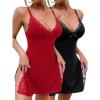 imageCHICME Womens Lace Trim Side Slit Modal Cami Sleep Dress Loungewear Cute Night Gowns for Women2pack Redblack