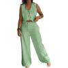 imageCHICME Womens Summer Two Piece Outfits V Neck Metal Button Front Crop Tank Vest Wide Leg linen Pants Matching SetsGreen