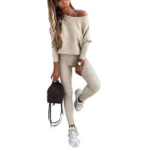 imageCHICME 2 Piece Lounge Outfit 2025 Long Sleeve Knit Pullover Tops Drawstring Pants Set Tracksuit SweatsuitAbeige